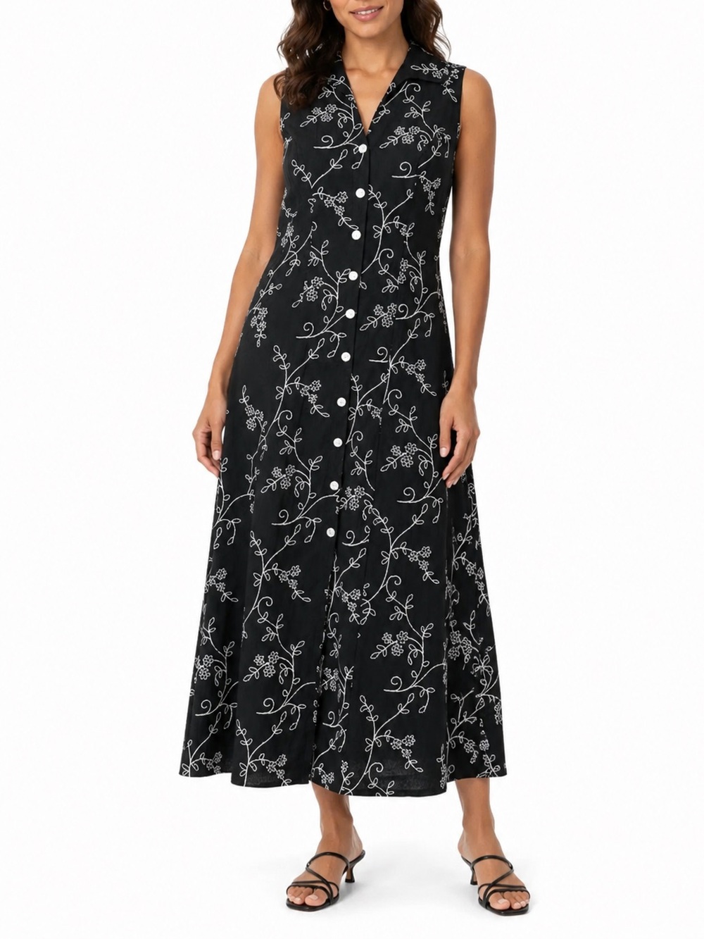 Coldwater Creek Linen Blend Embroidered Maxi Dress P12 Black Floral Button Front